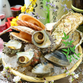 活貝網焼き盛り合わせ。その他全国より取り寄せる鮮度抜群の刺身・珍味・炉端焼き・串焼き・全国の日本酒。どれも食材や調理法にこだわっております。オススメは水槽から取り出した【活貝】を備長炭でじっくり焼き上げる新鮮な活貝！