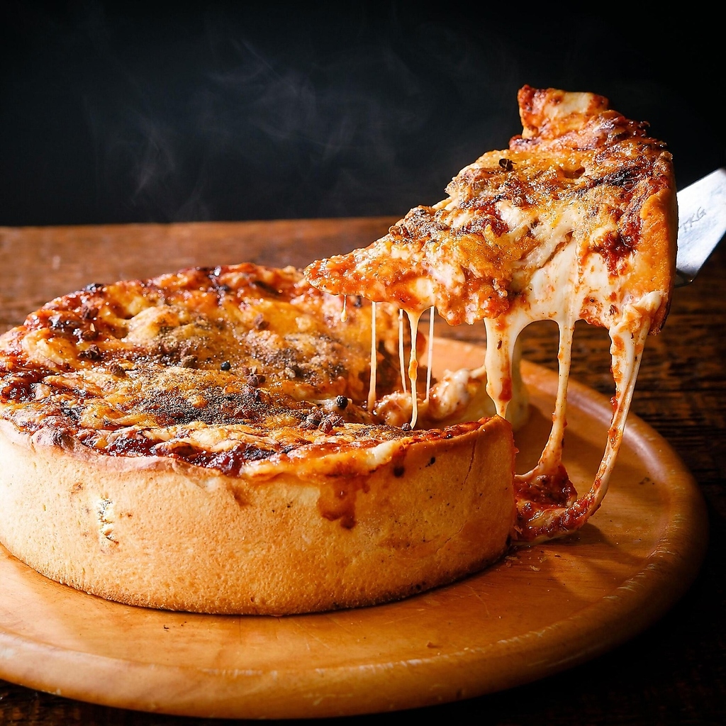 話題のシカゴピザ専門店。持ち上げたら溢れ出てくるチーズとオリジナルトマトソースが◎