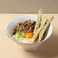ごぼう天 肉倍盛り牛しぐれ釜玉うどん(温)