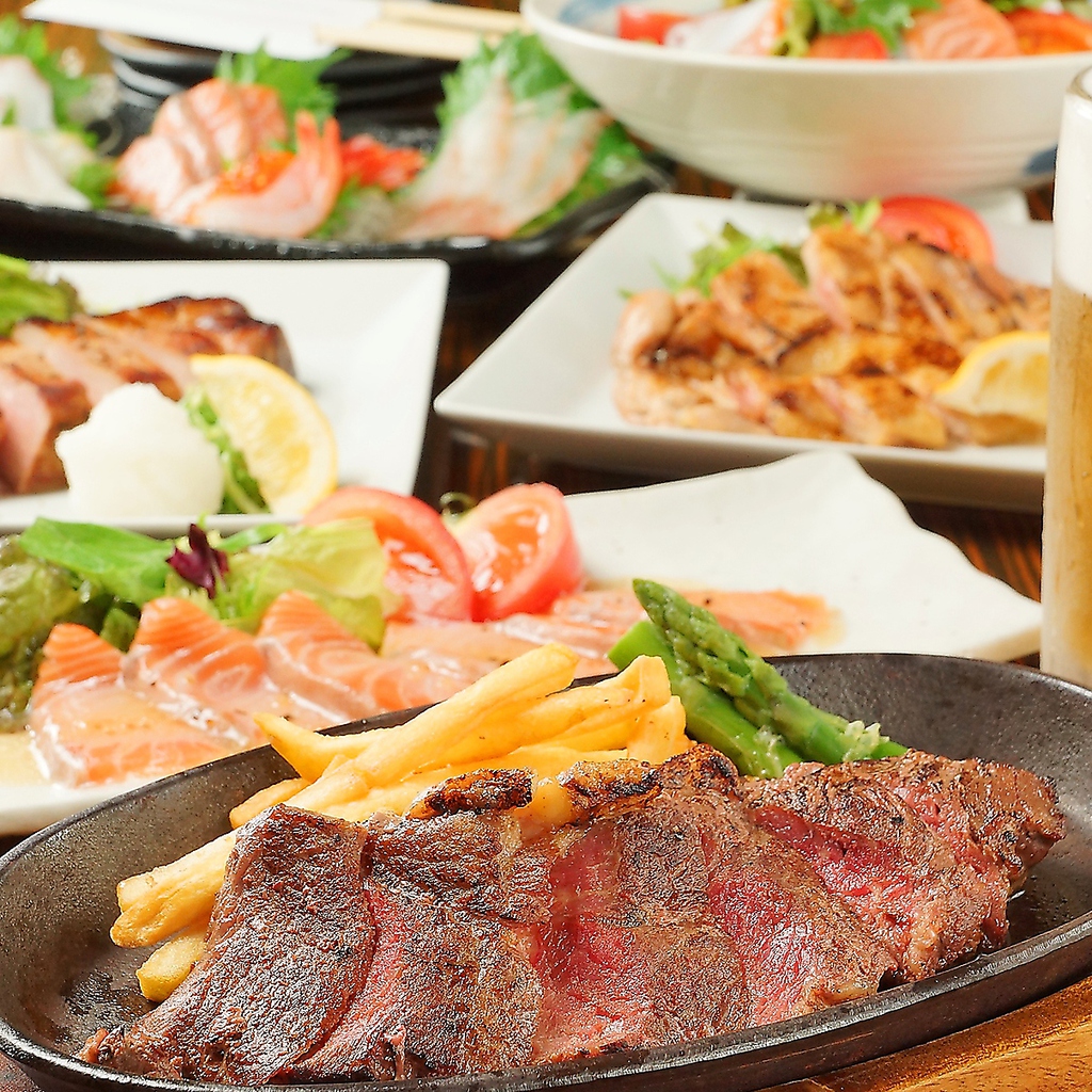 食べ飲み放題に+500円(税込)で牛ステーキも食べ放題です♪心ゆくまでご堪能ください！