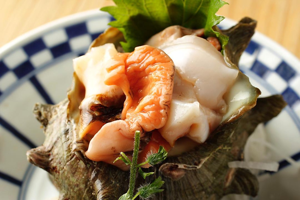 殻つき活さざえ（焼・刺身） 磯の香りとコリコリした食感を味う