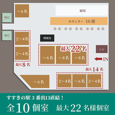 【全10個室を完備】最大22名様の個室。少人数から大人数まで幅広くご利用いただけます。最大22名様、2~4名様、6名様、8名様、10名様、14名様のお部屋を完備!すすきの駅3番出口直結!接待にご宴会に、記念日やお祝いに。和の個室でのおもてなしが喜ばれております。