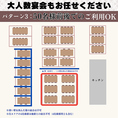 【パターン3】50名様前後のご利用に！店内通路を挟んで手前側、お席を6卓使用することで、50名様前後の大規模なご宴会もお任せください。各種お集まりや同窓会などのシーンにもご利用いただけますので、ぜひお問い合わせを！