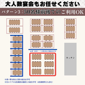 【パターン3】50名様前後のご利用に！店内通路を挟んで手前側、お席を6卓使用することで、50名様前後の大規模なご宴会もお任せください。各種お集まりや同窓会などのシーンにもご利用いただけますので、ぜひお問い合わせを！