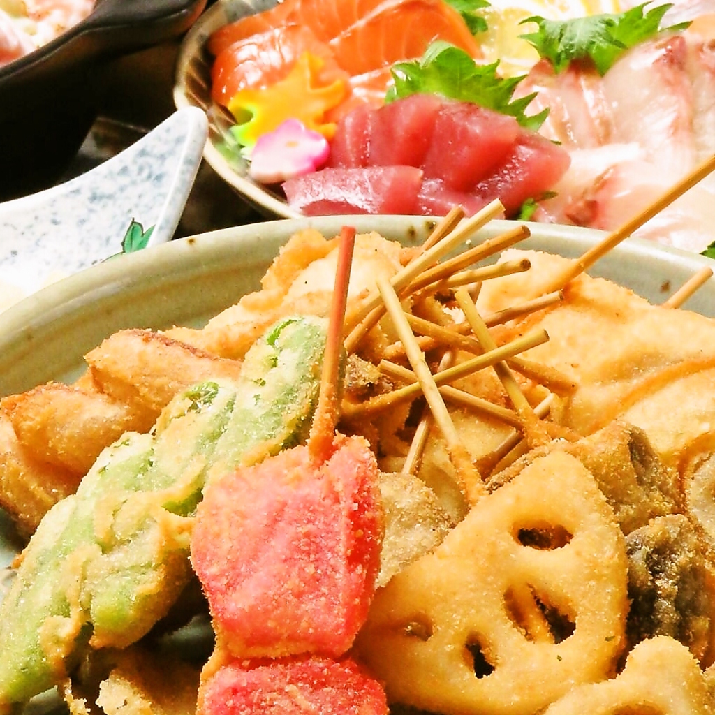 2h→3h串揚げ食べ放題＆飲み放題コースは、なんと！4500円で★馬刺しと刺身盛合せ付は5500円