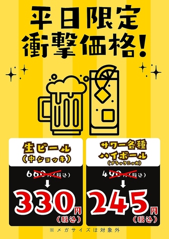 平日限定！メガサイズ以外の生ビール,サワー,ハイボール半額！2026年2月28日迄開催！