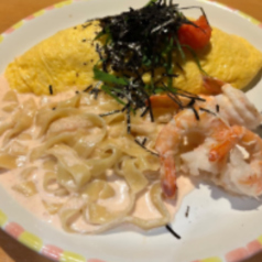 明太子オムパスタ/キノコ香る牛肉の煮込みオムパスタ