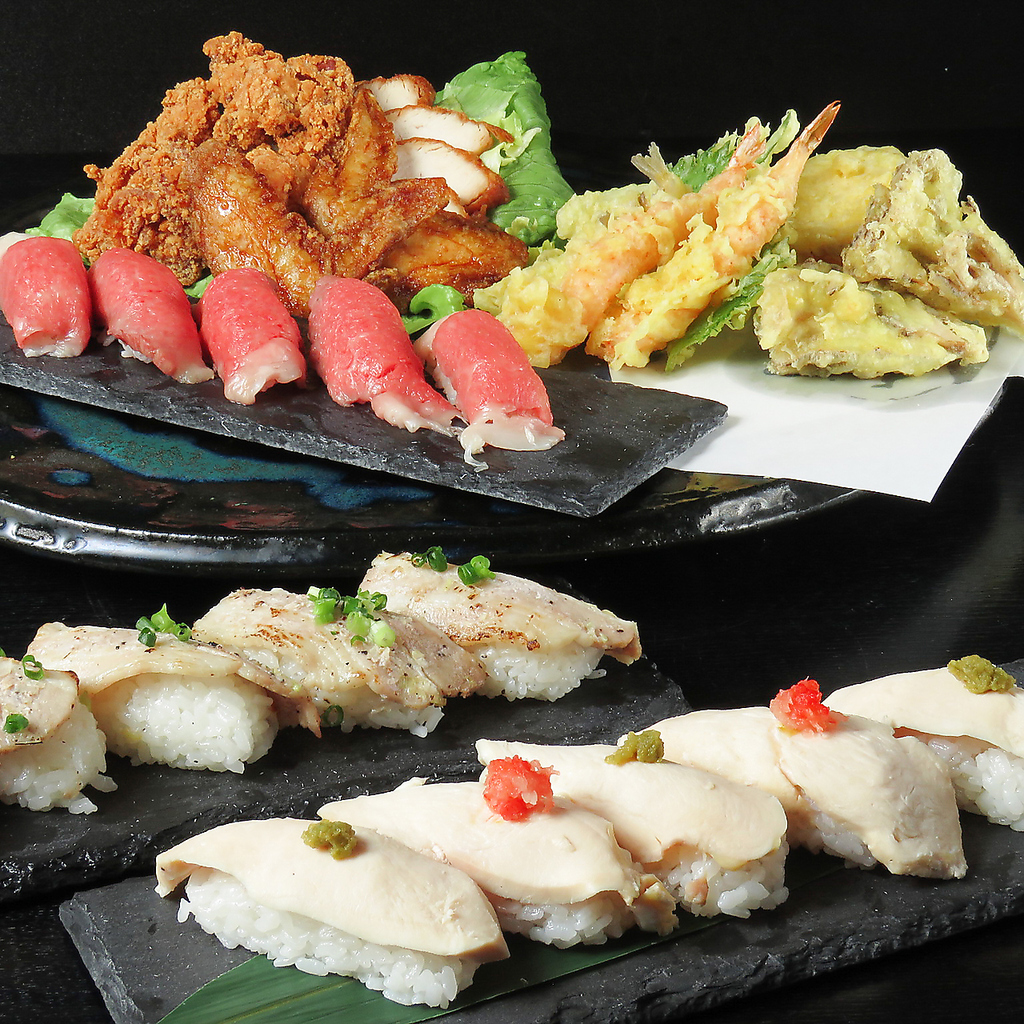 くしぜんの【黒毛和牛大トロ握り】【イベリコ豚の葱塩握り】【伊達鶏のにぎり】のオードブル。