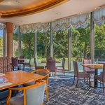 緑あふれる日本庭園を望む明るい店内