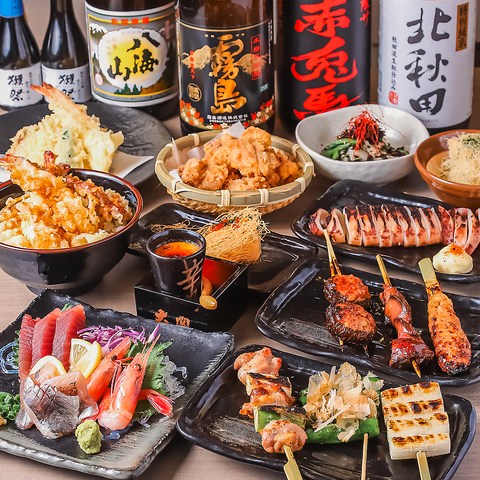 備長炭の串焼きと旬の天婦羅を堪能！飲み放題付き宴会コースも充実◎ランチ営業中！
