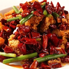 鶏唐揚げと四川山椒唐辛子炒め