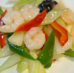 セロリ海鮮エビ塩炒め