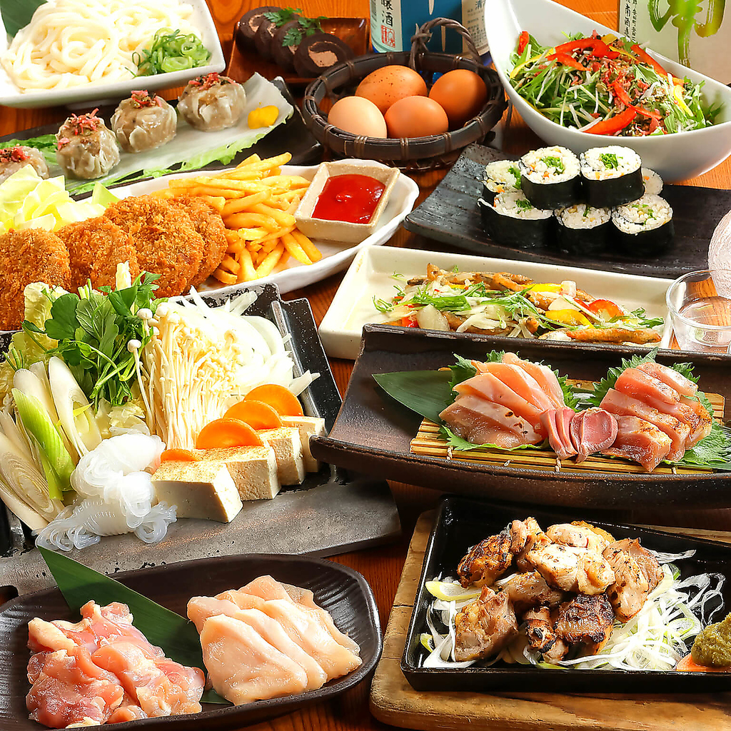 2時間飲み放題付き+軍鶏や新鮮野菜・海鮮などふんだんに盛り込んだコース4000円(税込)～