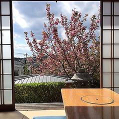 窓からは八重桜と哲学の道をお楽しみいただける奥座敷。オフシーズンは個室（最大12人）としてもご利用いただけます。個室希望の方は必ずご予約の際ご相談ください。