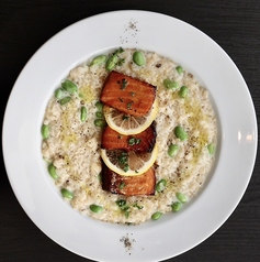 Edamame and cheese Risotto with Teriyaki salmon and lemon