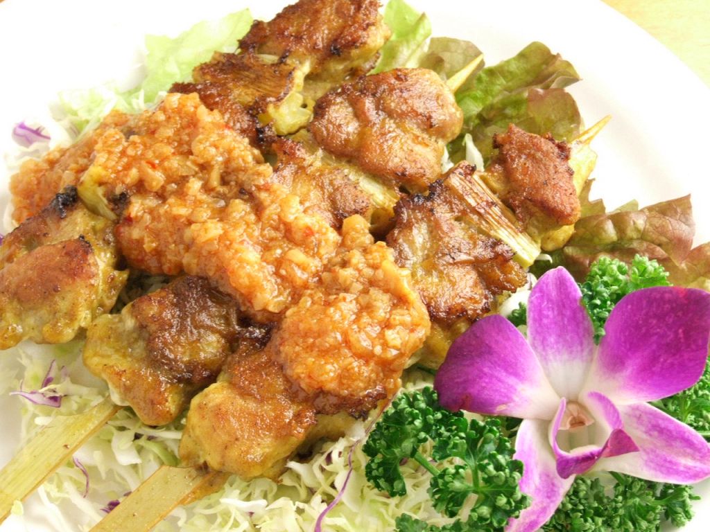 一見焼き鳥のようなマレーシア料理サテ。カレー風味でピーナッツベースのソースでどうぞ。