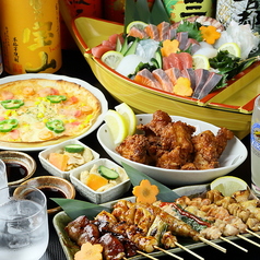 【舟盛りコース】　豪華！海鮮舟盛りや炭火焼鳥など全10品　プレミアム飲み放題付 6,000円税込の写真