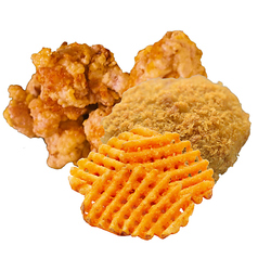 揚げ物盛り合わせ(から揚げ、ポテト、メンチカツ)ヤンニョムチキン/自家製だれのメンマ