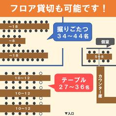 フロア別での貸切も承っております!掘りごたつ34~44名、テーブル27~36名までそれぞれ収容可能です♪
