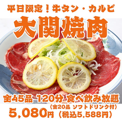 【平日限定！大関焼肉】牛タン・カルビ・ハラミ・仙台ホルモン等全45品120分食べ飲み放題