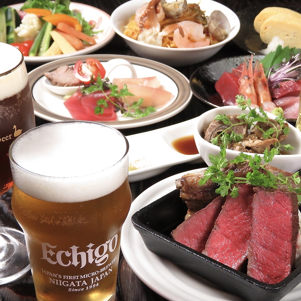 料理はお一人様分ずつの個別盛り！豪華♪村上牛付！新潟のクラフトビールも地酒も飲み放題♪