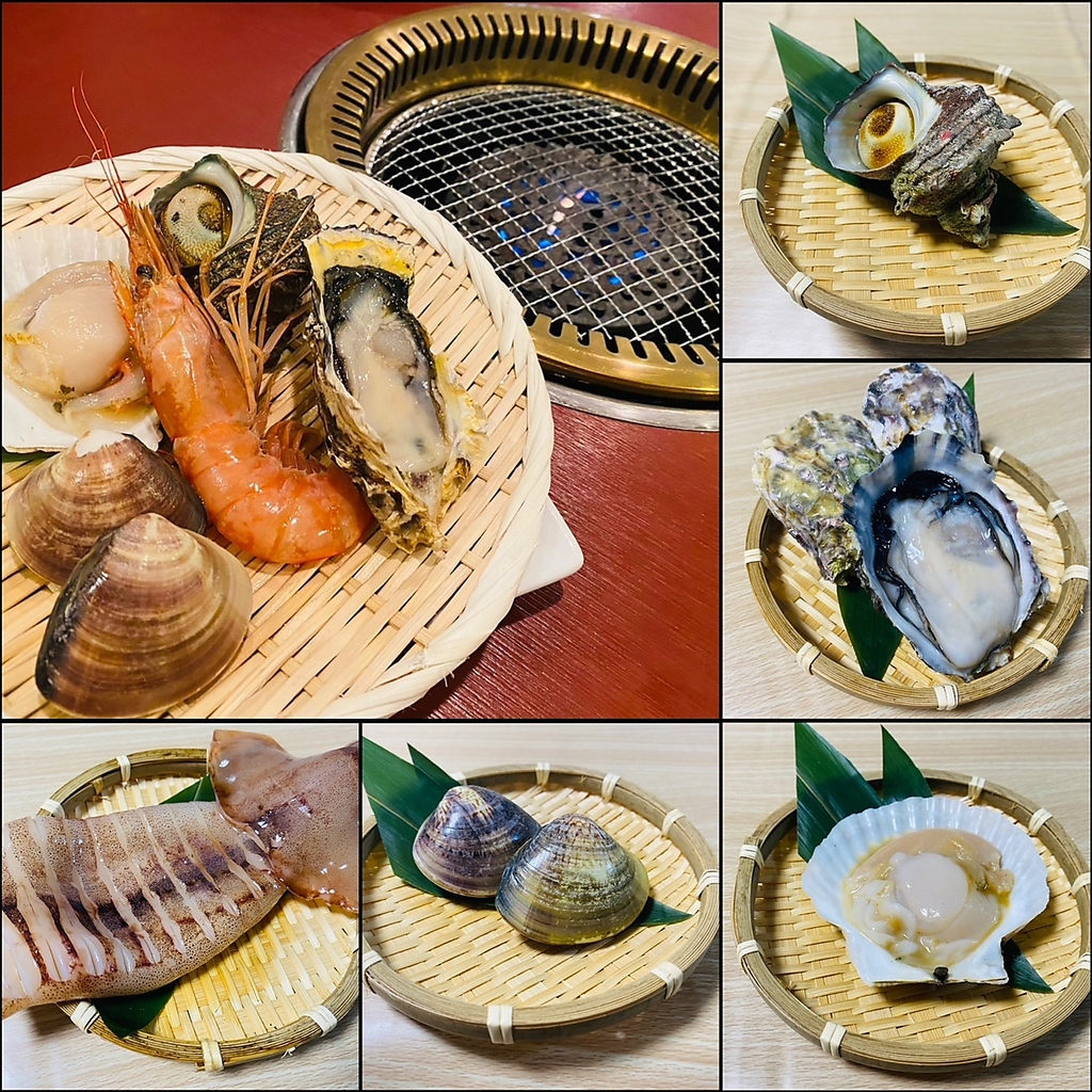 浜焼きメニューの一例です！焼くと香ばしい香りと旨味が楽しめます◎海辺の風景と一緒に味わうと格別