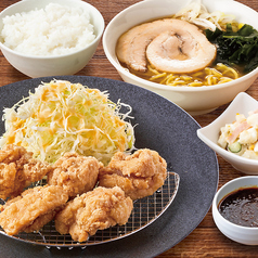 唐揚げ定食(特製ソース付き)+ミニらーめん