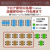 【レイアウト図】団体様大歓迎!フロア貸切32名様~、店舗貸切48~70名様でのお集まりが可能ですので、大規模宴会も安心◎会社の飲み会や歓迎会・送別会、イベントの打ち上げなど、様々なシーンでぜひご利用ください。