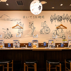 福井県小浜市から京都府出町柳まで続く「鯖街道」をイメージした店内。まるで旅をしている様な気分になれる空間です♪