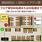 【レイアウトのご紹介】フロア貸切は40名様または50名様までのお集まりが可能◎人数に合わせた席をご用意いたします。また、キッズスペースも完備しておりますので、お子様がいる団体様も安心してご利用いただけます。会社の飲み会や学生の打ち上げなど、大人数での宴会はぜひ当店へお越しください♪