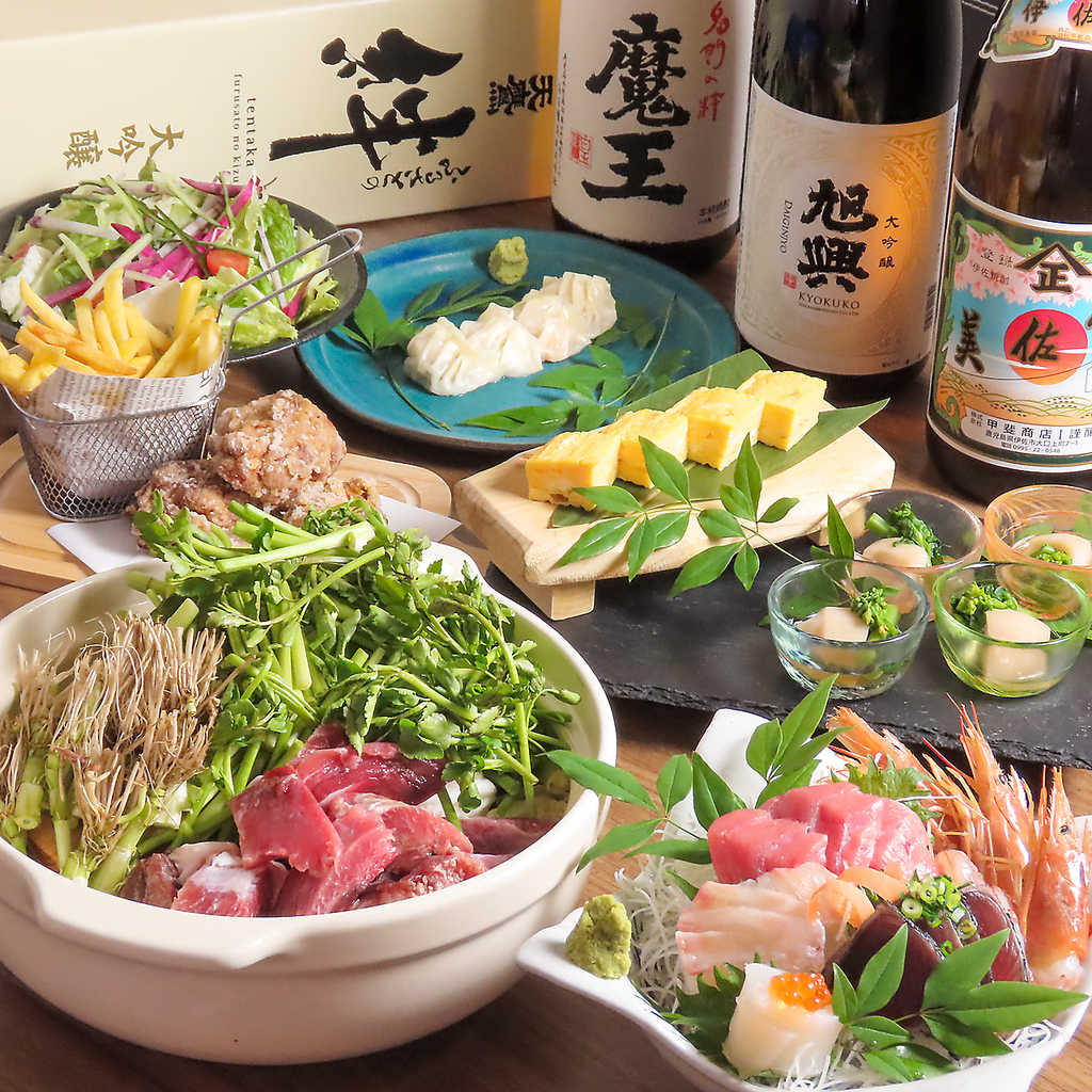 豊洲直送鮮魚のお刺身や、マグロほほ肉と栃木県産セリ鍋が楽しめる2時間飲み放題付コースございます