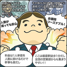 予約時から半分以下に人数が減少しても無料なので安心。歓送迎会・セミナーと懇親会・同窓会に！個室は2名～300名があり、全室が完全個室です。　銀座駅歩１分・銀座最大級の宴会場。プロジェクター・マイク等音響設備・ロッカー等完備。1テーブル毎に1台のエアコンがございますので、最適な温度でお召し上がり頂けます