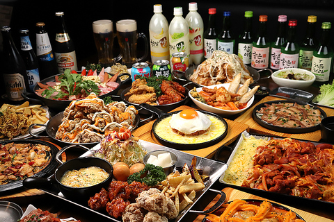 韓国料理と、チキン、サムギョプサルトッピングが食べ放題！チキン幸せセットも人気☆