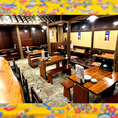地下1F／オープンフロア／テーブル席／ライブ観覧可／4名×3席／2名様～ご利用いただけます。ライブステージに近いテーブル席。オープンフロアの賑わいと共に、島唄ライブを十分にお楽しみいただけます。