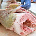 徹底したこだわりの工程【4】発酵した熟成肉を「磨き」上げる。衛生管理が高いレベルで設定された最新設備で たっぷり発酵した熟成肉は、商品へと さらに磨き上げられます。カビの生えた表面をそぎ落とし、筋や脂を除いて熟成肉を「磨く」。解体作業の多くが この鋭利な細身の筋引きナイフで行われます。