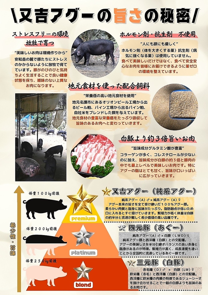 アグー本来の旨味がたっぷりの『又吉アグー』は、柔らかい肉質と脂身がお口の中でほろっと溶けます。