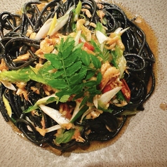 桜海老と春山菜と行者にんにくのペペロンチーノ