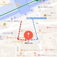 茅ヶ崎駅南口から徒歩2分。雄三通りから（地図の青ルート）も高砂通り（同赤ルート）からも入れます。