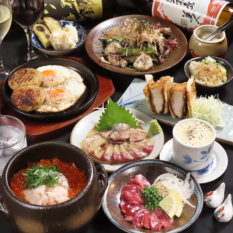 さつま知覧鶏とこだわりの薩摩地鶏のお刺身と芋焼酎をゆったりとお楽しみください。