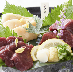 国産馬刺し3種 (赤身、コウネ、ヒレ)の写真