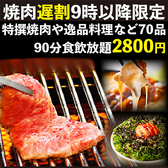 【夜9時以降がお得】毎日夜9時以降限定！個室焼肉食放！【牛カルビや特選焼肉など65品食放×90分飲放プラン】2800円