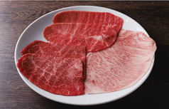 焼きしゃぶ・焼きすきスライス三種盛り (特製食べるポン酢/月見ダレ) 各二枚