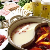 12種類の野菜や牛肉、豚肉、ラム肉、さらに海鮮を2種類の特製スープに入れて食べる【火鍋】美容と健康に良く、大注目の鍋です！ごまダレ・ポン酢などなじみのあるタレから、日本では手に入りにくい香辛料を使用したタレを数種類ご用意♪辛さはタレによって調整できます。