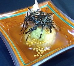 長芋の揚げ饅頭 銀餡 削り節 海苔 山葵 ぶぶあられ