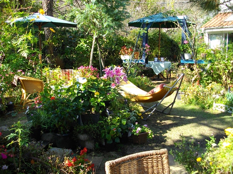 癒しの庭で、花と緑に包まれて屋外での食事が楽しめる。屋内にはギャラリーもあり。