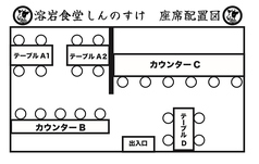 座席配置団体や貸切のご予約の際の参考に。A1 A2テーブル＋カウンターBを個室として利用いただくことも可能です。