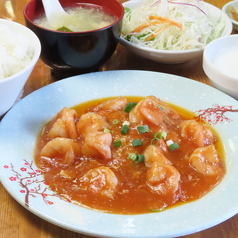 エビチリソース/エビと玉子炒め/牛肉の四川風炒め/黒酢酢豚