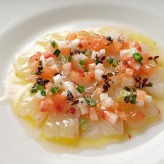 Sea bream Carpaccio with Strawberry and Turnip Checca sauce