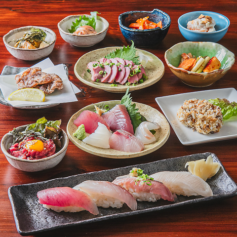 博多長浜・豊洲市場より旬魚、馬刺し食べ比べ、こだわり手仕込み料理をご堪能頂けます