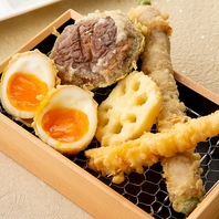天ぷらは、自慢のシママース・抹茶塩・七味とお好みで。